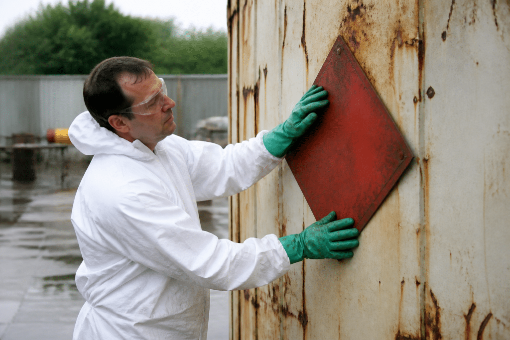 Ouvrier en combinaison blanche manipulant plaque dangereuse