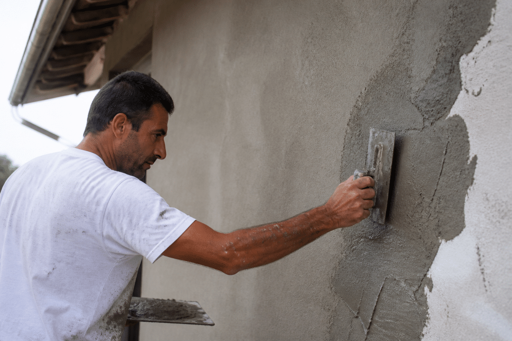 Ouvrier appliquant enduit gris sur facade avec spatule