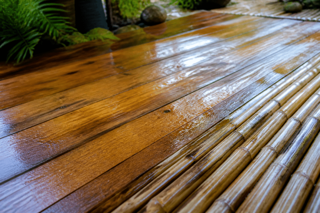 Planches teck et bambou humides brillant naturellement