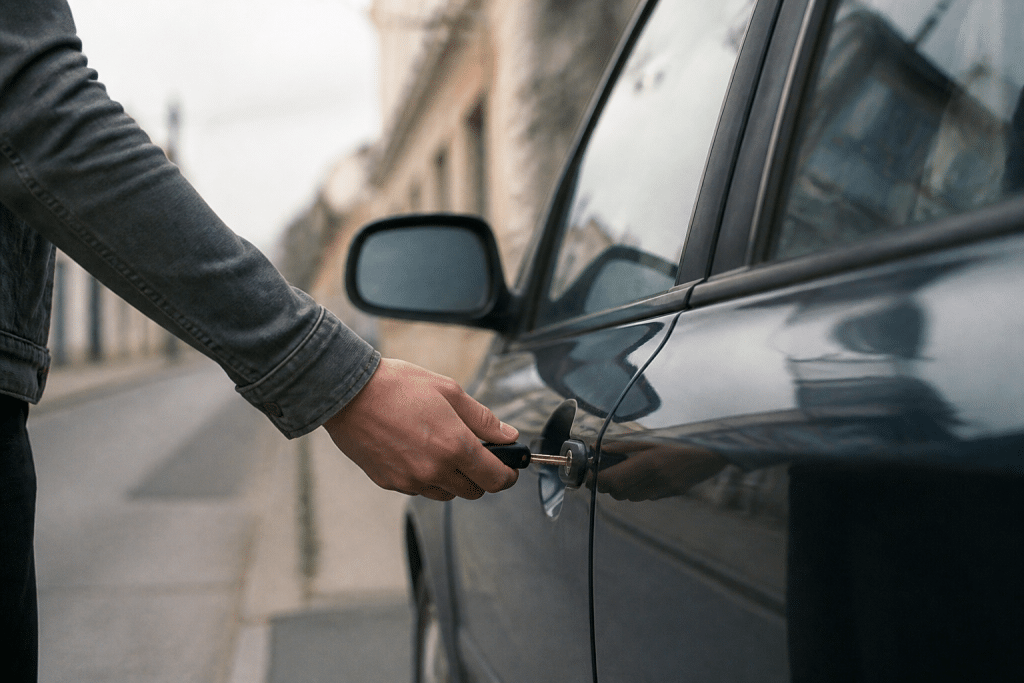 Porte fermee cle voiture securisee rue calme