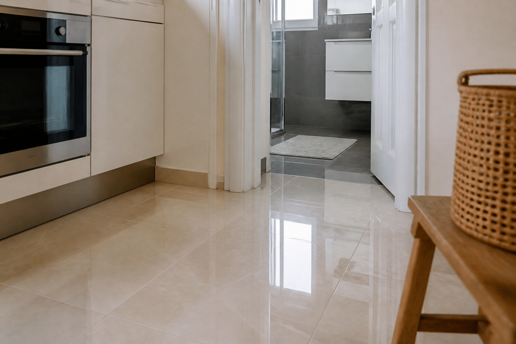 Carrelage brillant posé au sol de cuisine et salle de bain