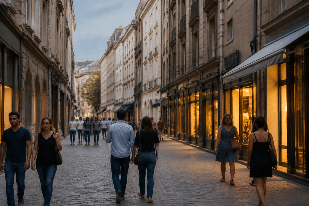 Centre-ville animé avec commerces et devantures éclairées