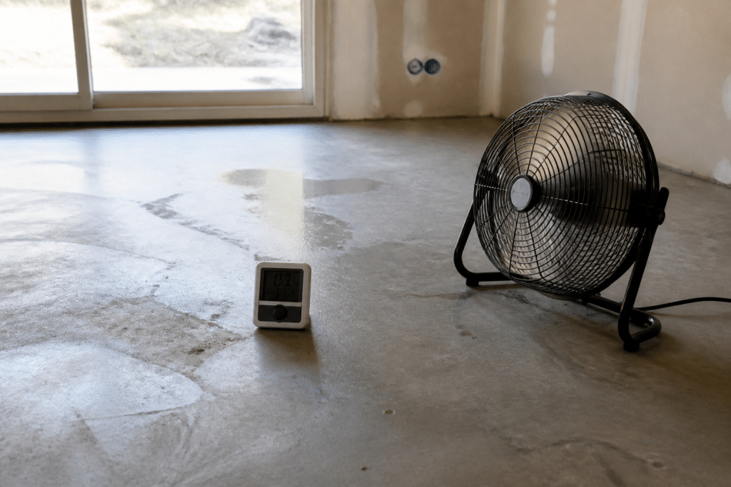 Piece avec thermometre et ventilateur sur chape humide