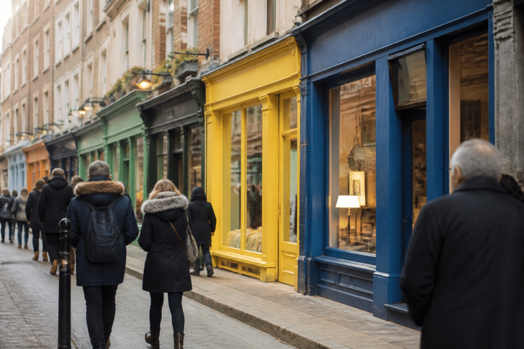 Facade coloree de boutiques avec passants circulant dans rue animee