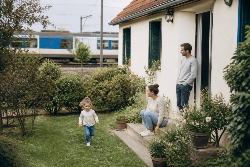 Famille devant maison avec jardin, gare RER en arriere-plan