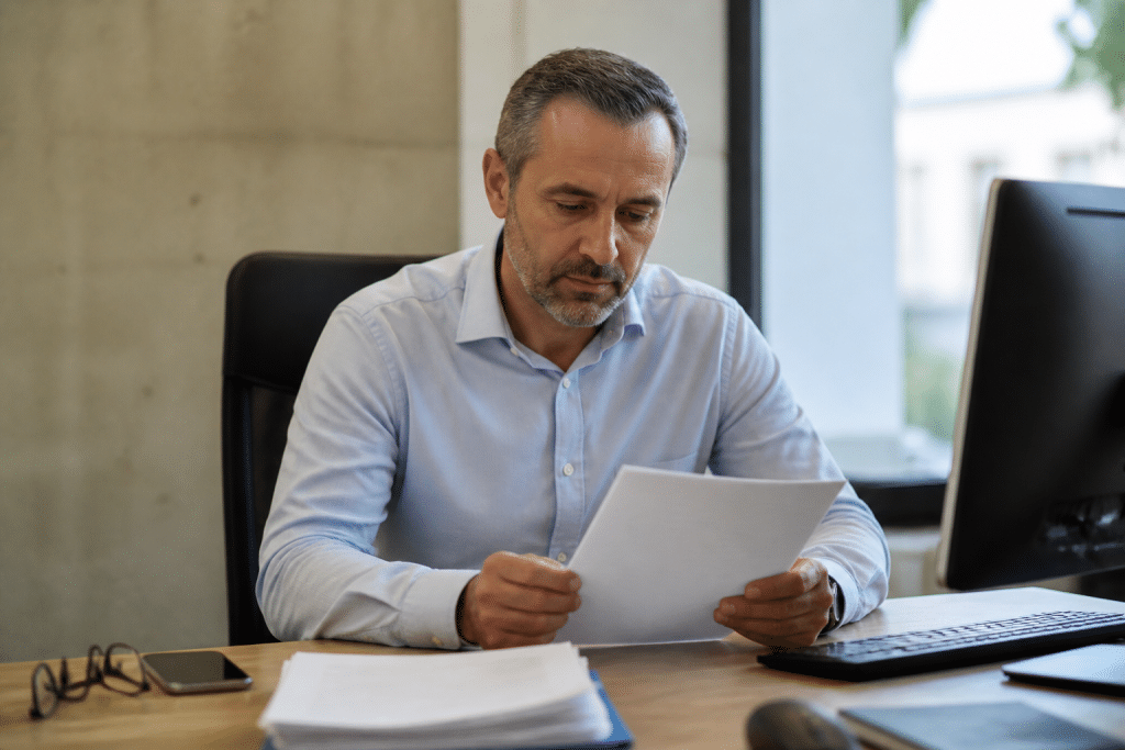 Employeur examinant formulaire demande conge formation bureau