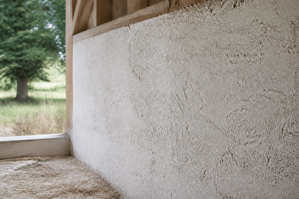 Mur d'enduit chaux-chanvre séchant lentement avec surface pâle