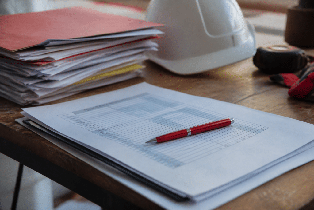 Formulaire fiscal avec documents chantier et stylo rouge