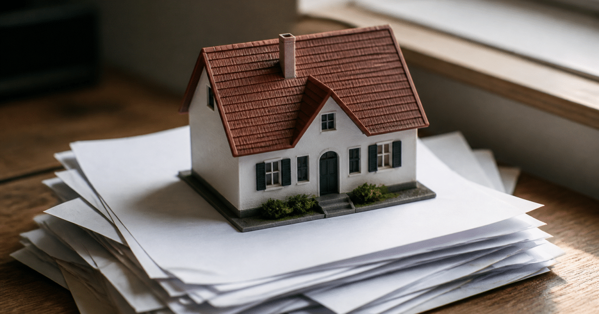Document fiscal avec maison miniature posee dessus