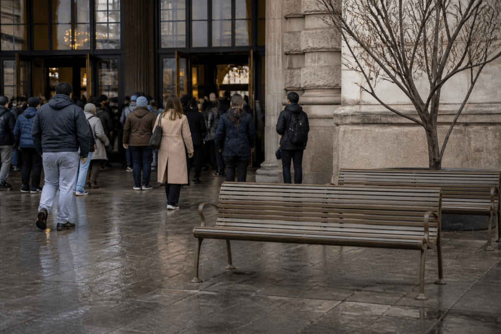 Entree gare avec voyageurs et bancs publics vides