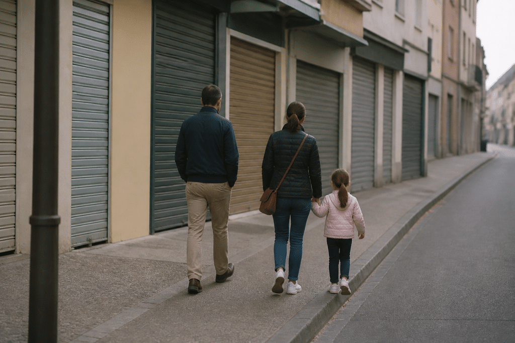 Famille marchant dans rue calme avec commerces fermés