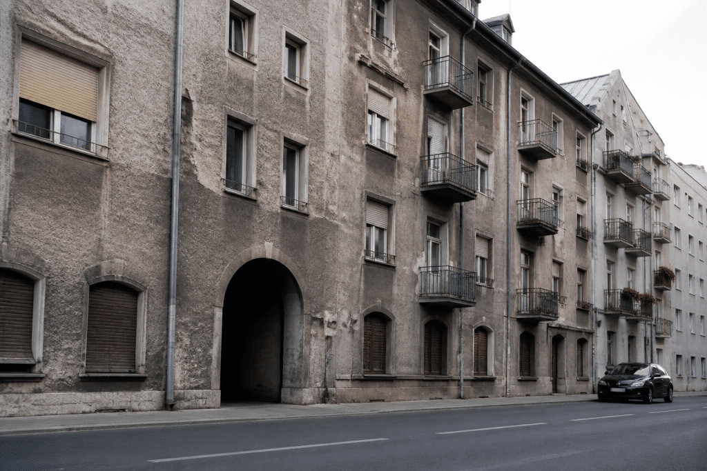 Immeubles anciens gris aux façades usées près route