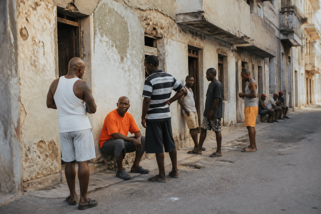 Rue urbaine avec personnes rassemblees pres batiments degrades
