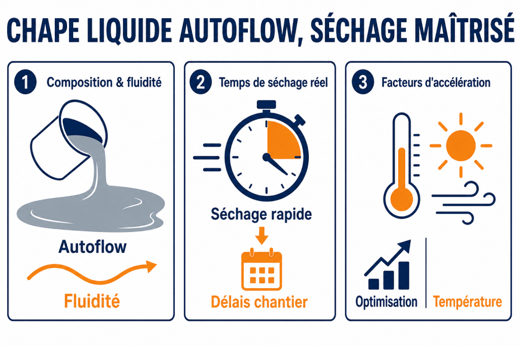 Chape liquide autoflow, séchage maîtrisé