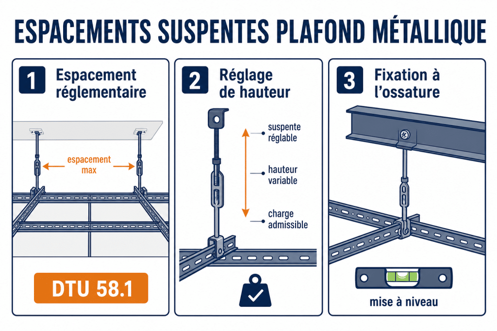 Espacements suspentes plafond métallique