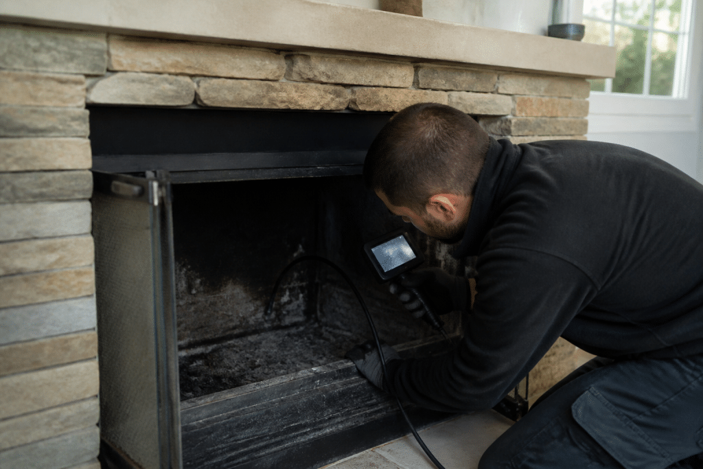 Professionnel inspectant cheminee avec camera endoscopique portable