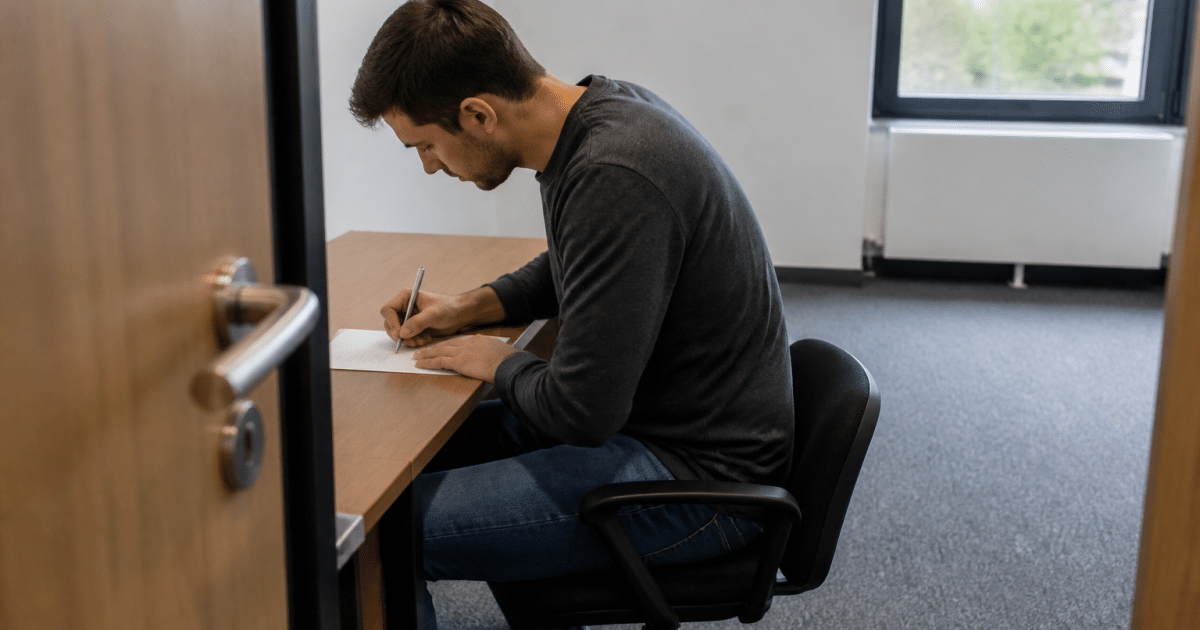 Locataire signant document de résiliation devant bureau vide