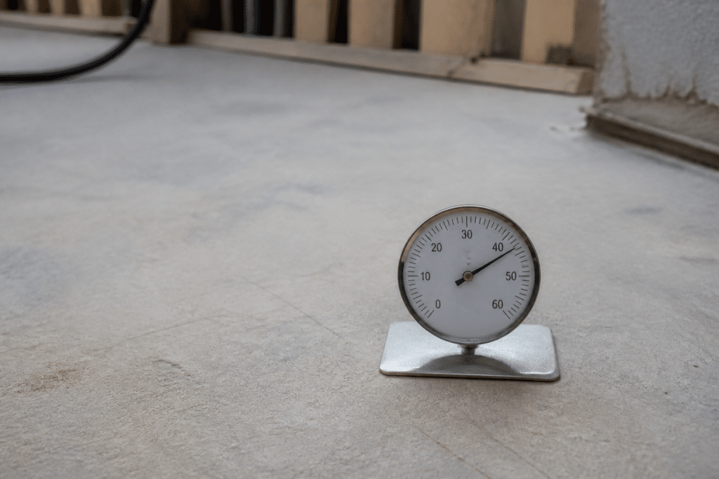 Thermometre affichant temperature croissante sur chape beton