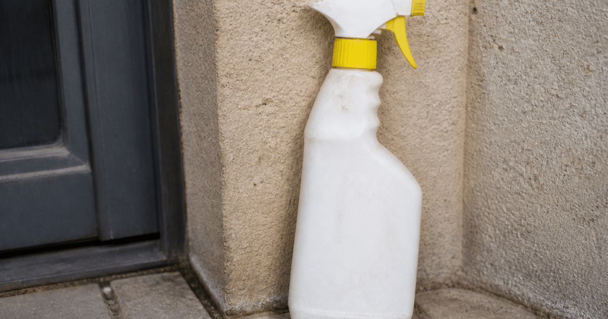 Produit de nettoyage en bouteille pulverisateur appuye contre mur exterior
