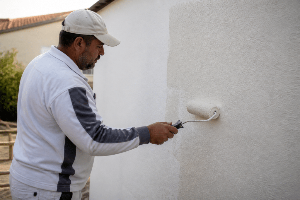 Ouvrier appliquant peinture protectrice sur mur exterieur avec rouleau