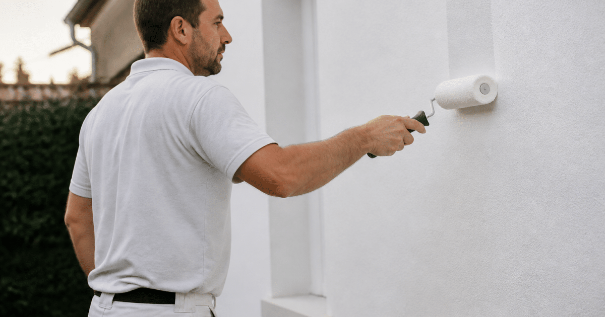 Peintre appliquant enduit protecteur blanc sur mur extérieur vertical