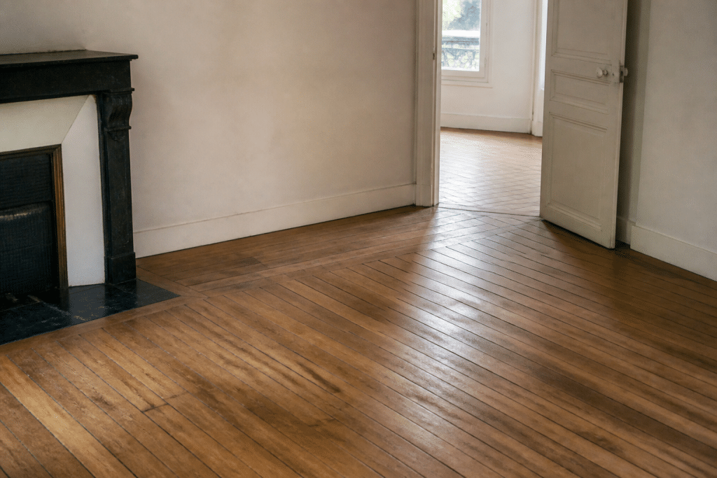 Lames de plancher posees a quarante-cinq degres dans une piece