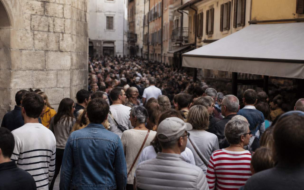 Foule de personnes debout rassemblees dans rue urbaine