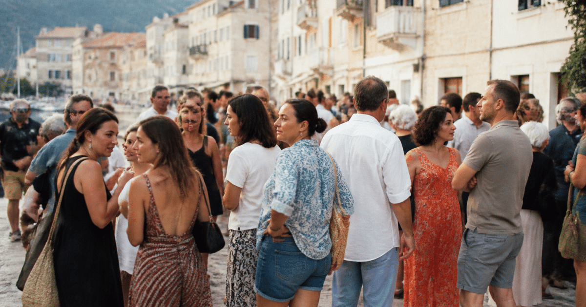 Foule de residents debout dans rue pittoresque portuaire