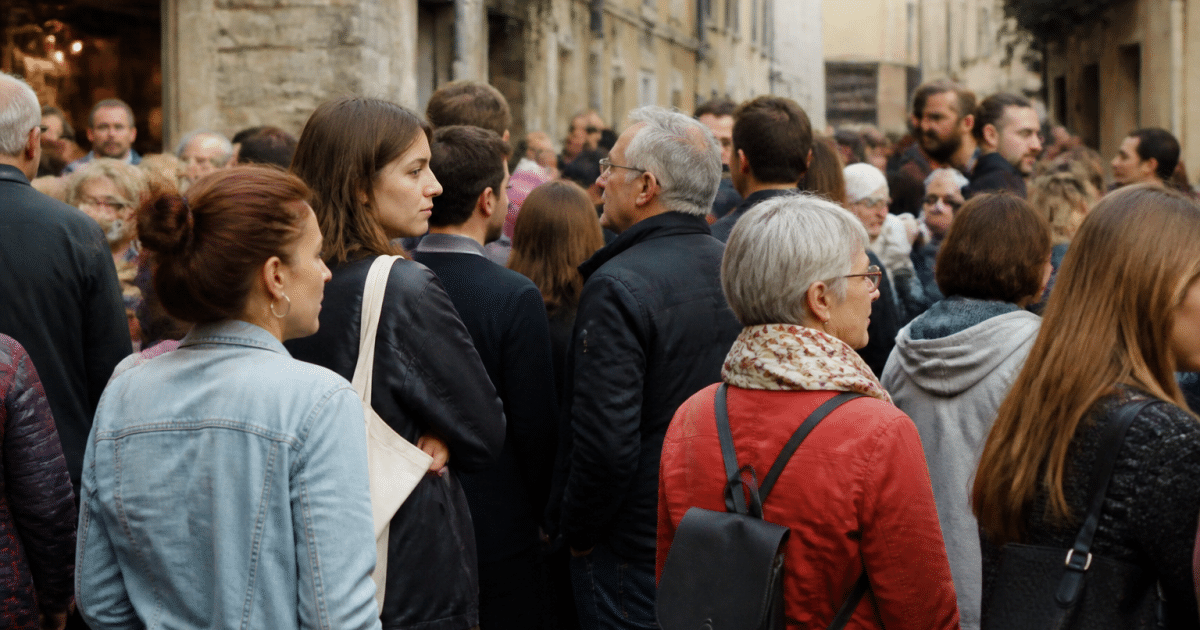 Foule de personnes debout dans rue animee ville bretonne