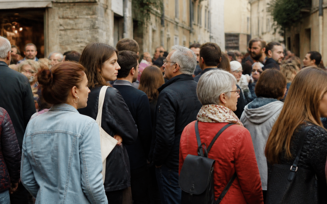 Foule de personnes debout dans rue animee ville bretonne