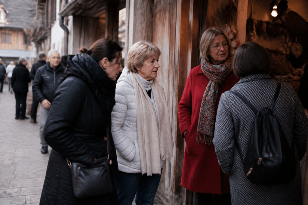 Groupe diverse de residents honfleurais devant commerce touristique