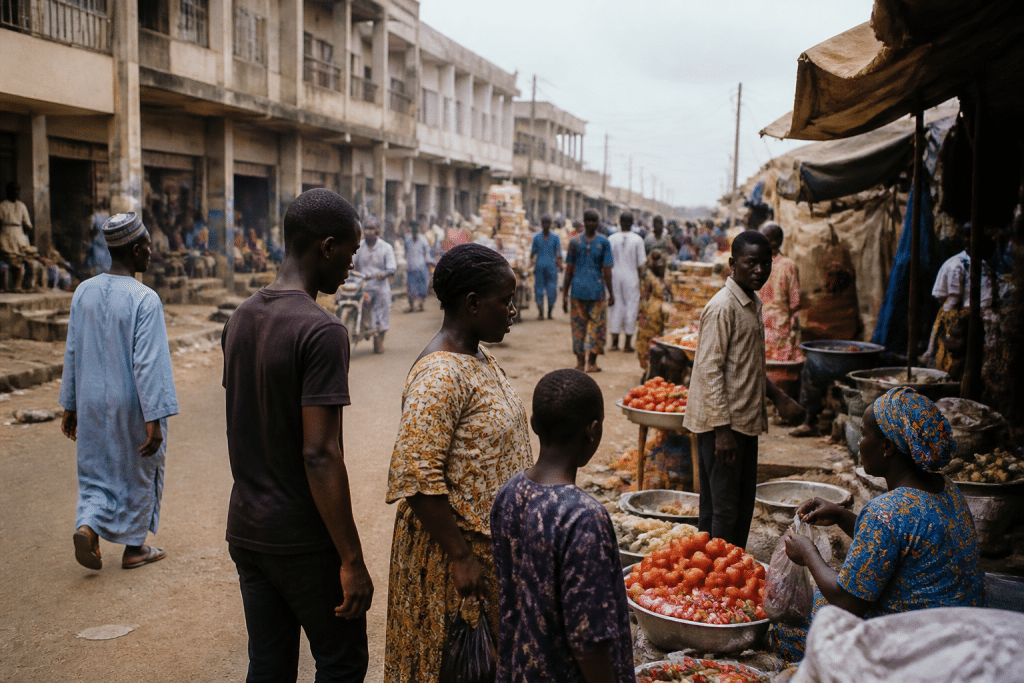Rues commercantes avec magasins, ecoles et marche animee