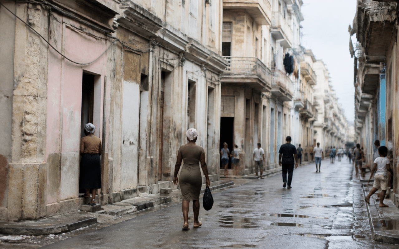 Rue urbaine délabrée avec immeubles dégradés et habitants circulant prudemment