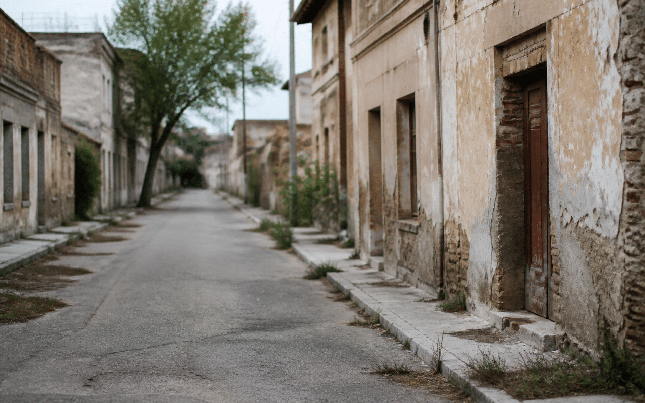 Rues desertes de quartier urbain avec batiments delabres