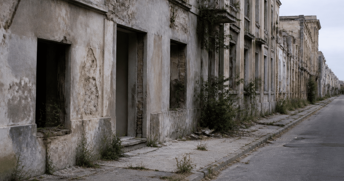 Rues degrades d'une ville avec batiments abandonnes et graffitis