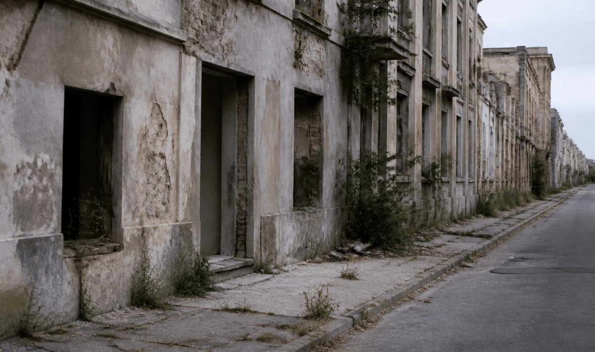 Rues degrades d'une ville avec batiments abandonnes et graffitis