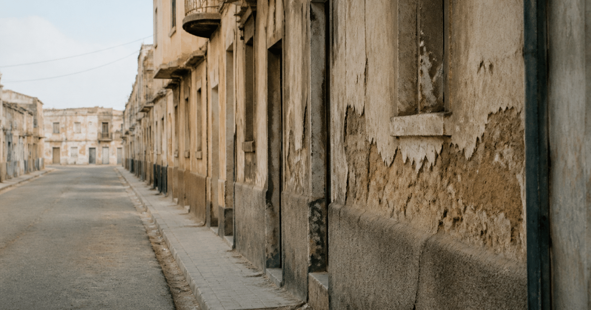 Rues urbaines desertes avec immeubles delabres et facades degradees