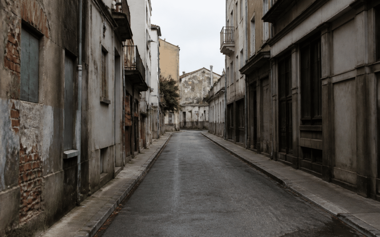 Rue urbaine sombre avec immeubles degrades et rues desertes