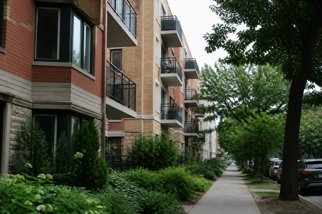 Immeubles residentiels calmes avec arbres verts et rue paisible