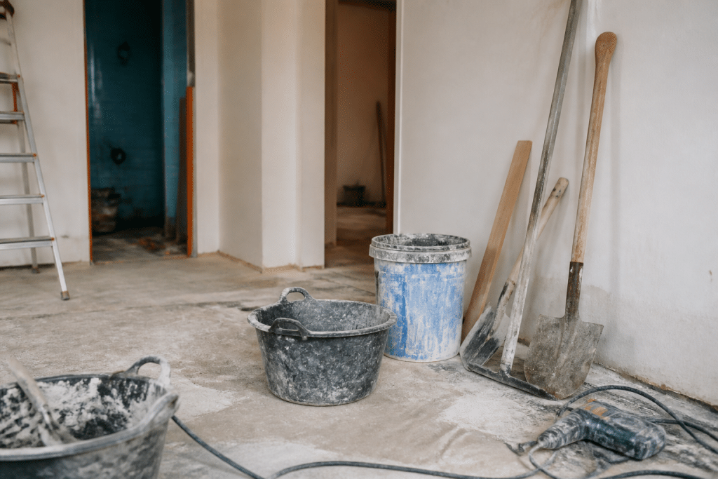 Chantier de construction avec outils et matériaux de rénovation