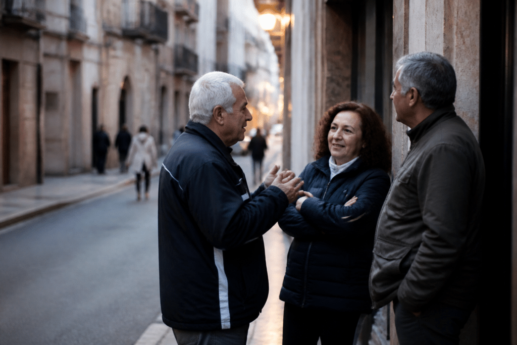 Residents conversing on evening street with storefronts in background