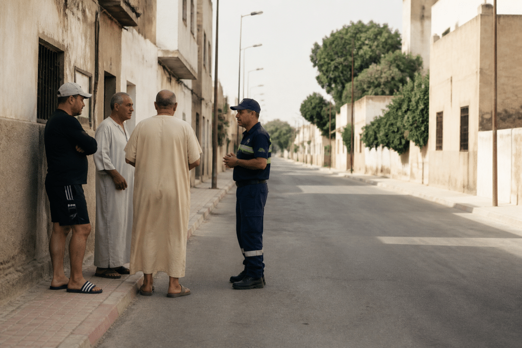 Rue bien eclairee avec agent municipal et residents discutant