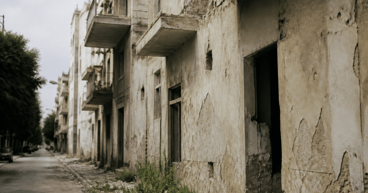 Rue urbaine degradee avec facades endommagees et batiments abandonnes