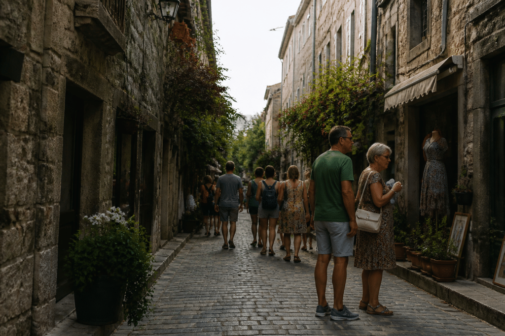 Rues pavées avec commerces, façades historiques et passants en journée.