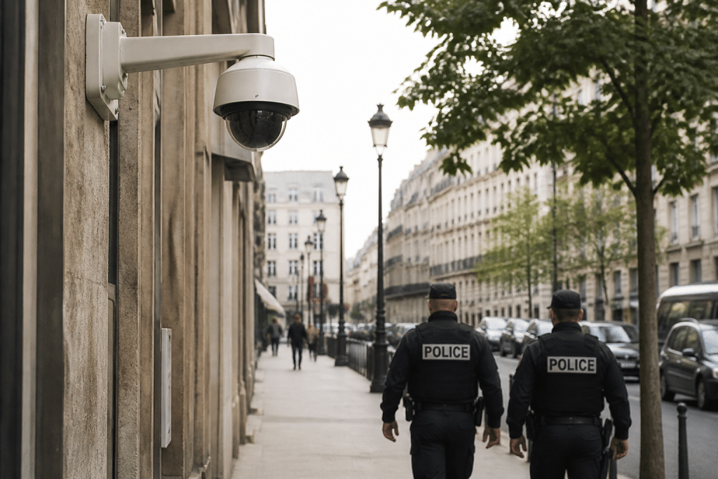 Camera surveillance et policiers patrouillant rue centre-ville