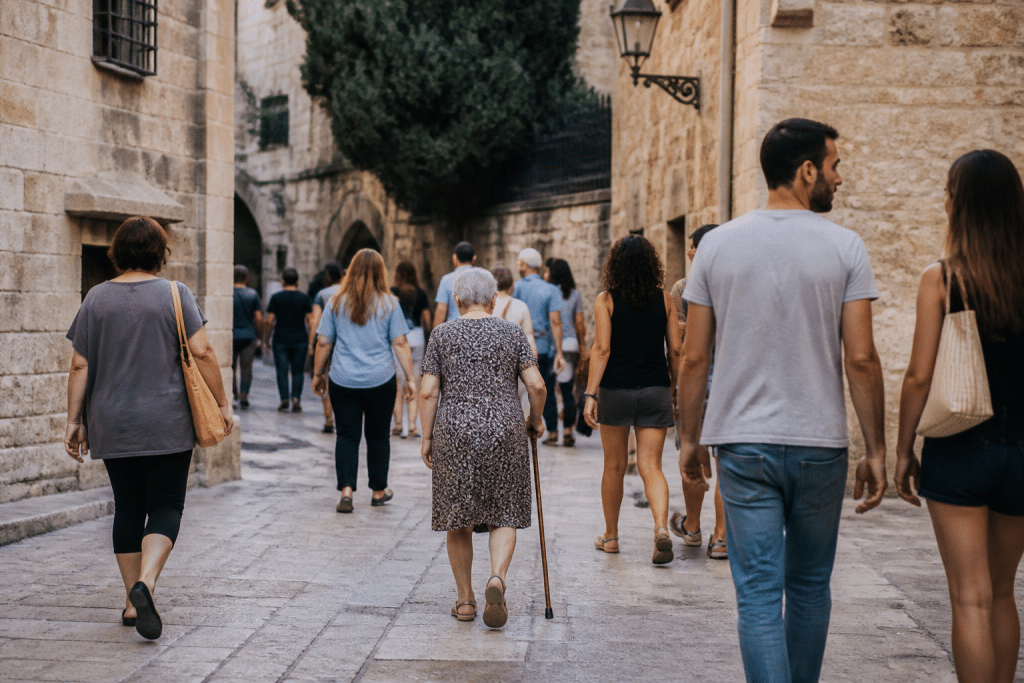 Residents of various ages walking through historic stone streets