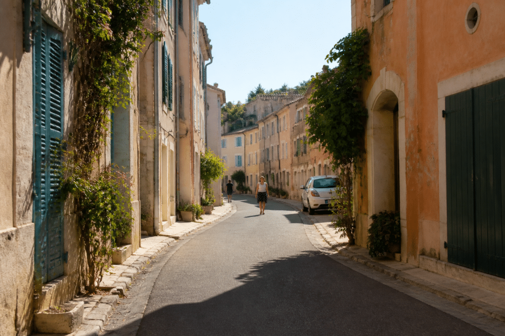 Petite ville méridionale avec maisons colorées et routes ensoleillées